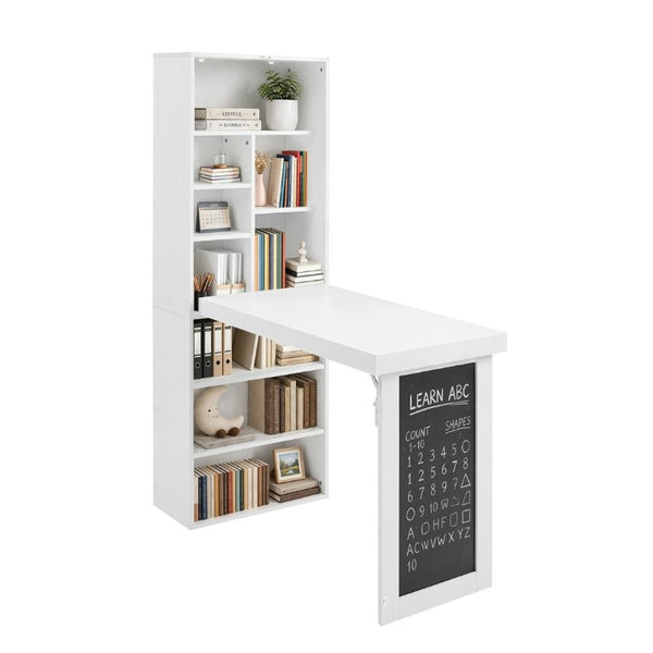 English Elm Folding Wall Mounted Desk with Chalkboard Open Shelves for Small Space Home Office White W3204P521932