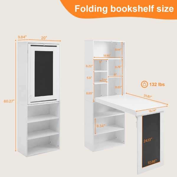 English Elm Folding Wall Mounted Desk with Chalkboard Open Shelves for Small Space Home Office White W3204P521932