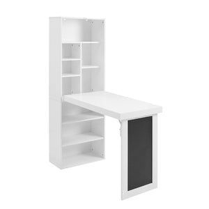 English Elm Folding Wall Mounted Desk with Chalkboard Open Shelves for Small Space Home Office White W3204P521932