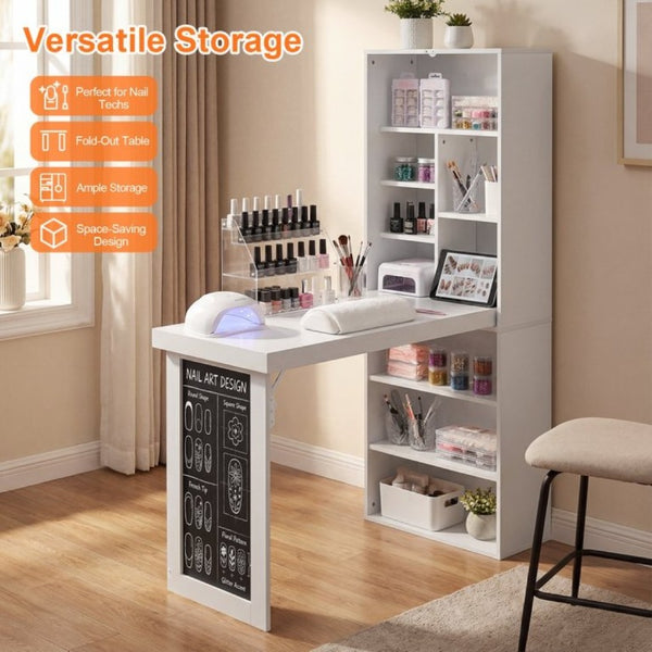 English Elm Folding Wall Mounted Desk with Chalkboard Open Shelves for Small Space Home Office White W3204P521932