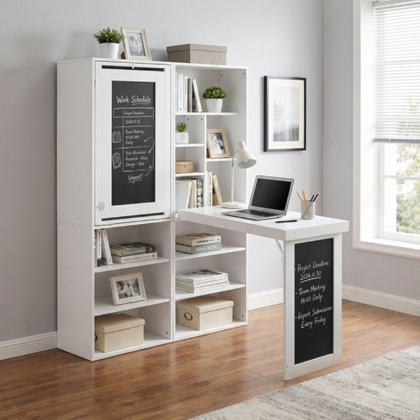 English Elm Folding Wall Mounted Desk with Chalkboard Open Shelves for Small Space Home Office White W3204P521932