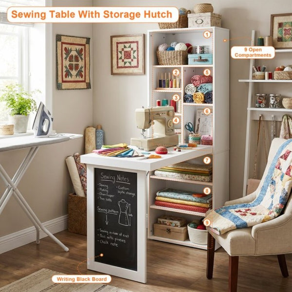English Elm Folding Wall Mounted Desk with Chalkboard Open Shelves for Small Space Home Office White W3204P521932