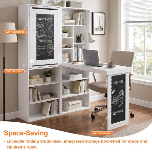 English Elm Folding Wall Mounted Desk with Chalkboard Open Shelves for Small Space Home Office White W3204P521932