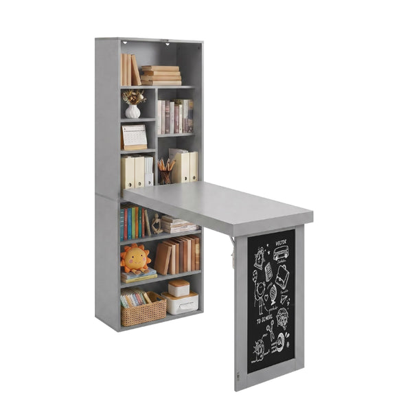 English Elm Folding Wall Mounted Desk with Chalkboard Open Shelves for Small Space Home Office Grey W3204P521938