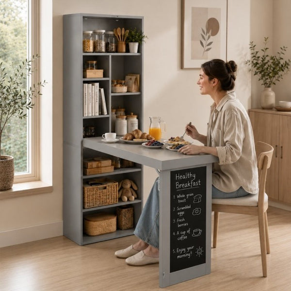 English Elm Folding Wall Mounted Desk with Chalkboard Open Shelves for Small Space Home Office Grey W3204P521938