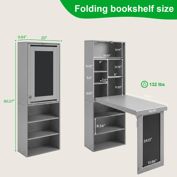 English Elm Folding Wall Mounted Desk with Chalkboard Open Shelves for Small Space Home Office Grey W3204P521938