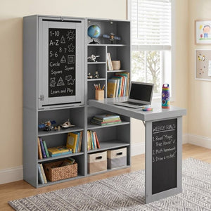 English Elm Folding Wall Mounted Desk with Chalkboard Open Shelves for Small Space Home Office Grey W3204P521938