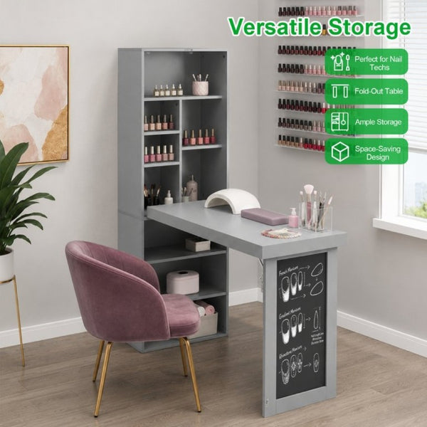 English Elm Folding Wall Mounted Desk with Chalkboard Open Shelves for Small Space Home Office Grey W3204P521938