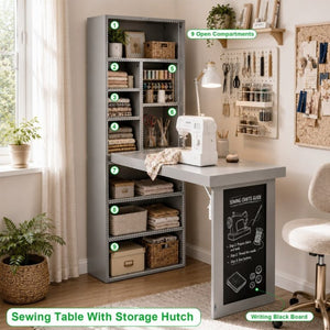 English Elm Folding Wall Mounted Desk with Chalkboard Open Shelves for Small Space Home Office Grey W3204P521938