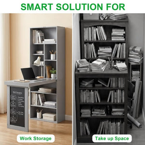 English Elm Folding Wall Mounted Desk with Chalkboard Open Shelves for Small Space Home Office Grey W3204P521938