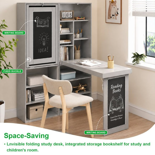 English Elm Folding Wall Mounted Desk with Chalkboard Open Shelves for Small Space Home Office Grey W3204P521938