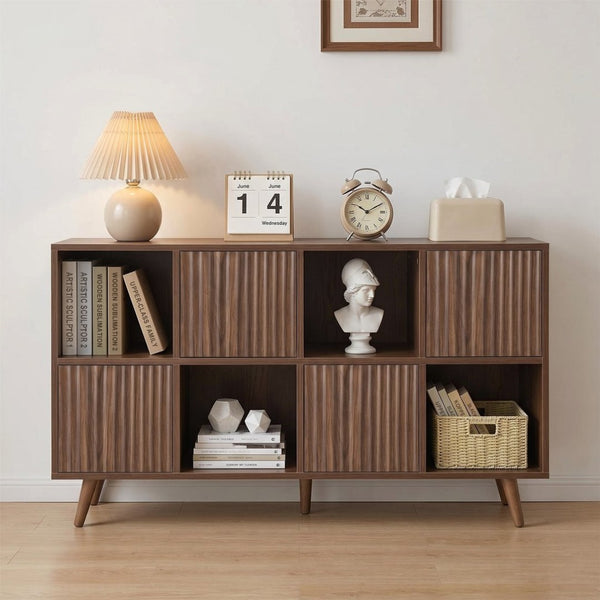 English Elm Bookcase 8 Cube Walnut Organizer with 4 Wave Panel Doors for Living Room or Office W3204P523013