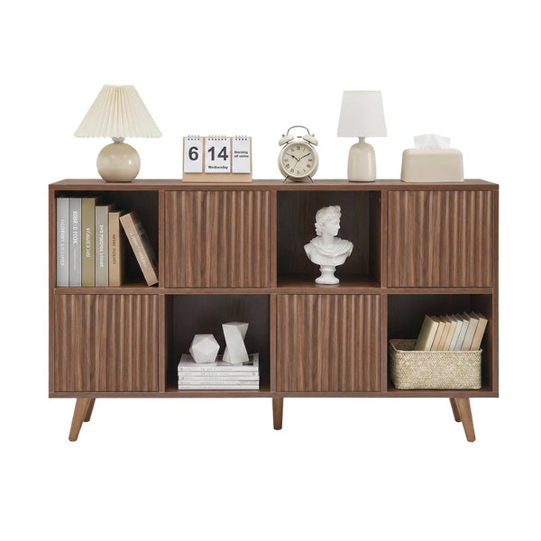 English Elm Bookcase 8 Cube Walnut Organizer with 4 Wave Panel Doors for Living Room or Office W3204P523013
