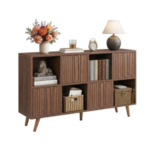 English Elm Bookcase 8 Cube Walnut Organizer with 4 Wave Panel Doors for Living Room or Office W3204P523013