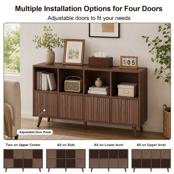 English Elm Bookcase 8 Cube Walnut Organizer with 4 Wave Panel Doors for Living Room or Office W3204P523013