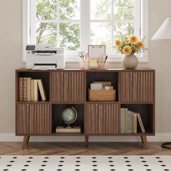 English Elm Bookcase 8 Cube Walnut Organizer with 4 Wave Panel Doors for Living Room or Office W3204P523013