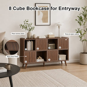 English Elm Bookcase 8 Cube Walnut Organizer with 4 Wave Panel Doors for Living Room or Office W3204P523013
