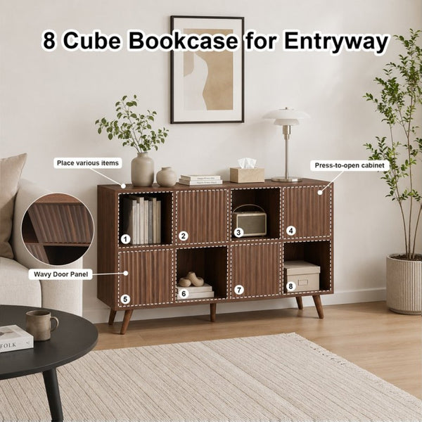 English Elm Bookcase 8 Cube Walnut Organizer with 4 Wave Panel Doors for Living Room or Office W3204P523013