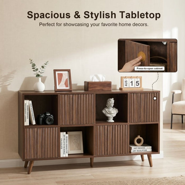 English Elm Bookcase 8 Cube Walnut Organizer with 4 Wave Panel Doors for Living Room or Office W3204P523013
