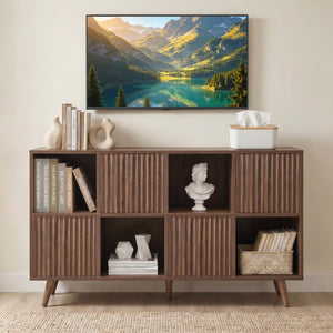 English Elm Bookcase 8 Cube Walnut Organizer with 4 Wave Panel Doors for Living Room or Office W3204P523013