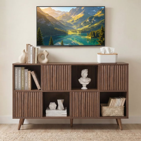 English Elm Bookcase 8 Cube Walnut Organizer with 4 Wave Panel Doors for Living Room or Office W3204P523013