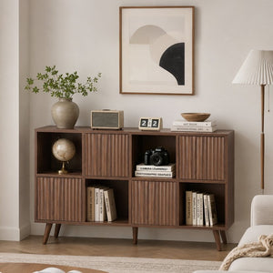 English Elm Bookcase 8 Cube Walnut Organizer with 4 Wave Panel Doors for Living Room or Office W3204P523013
