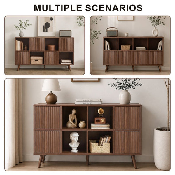 English Elm Bookcase 8 Cube Walnut Organizer with 4 Wave Panel Doors for Living Room or Office W3204P523013