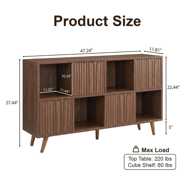 English Elm Bookcase 8 Cube Walnut Organizer with 4 Wave Panel Doors for Living Room or Office W3204P523013