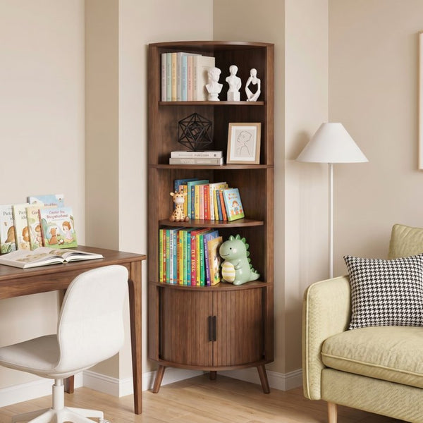 English Elm 5-tier Corner Bookshelf Walnut Mdf Tower with Sliding Door Cabinet for Any Room W3204P524601