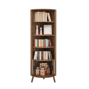 English Elm 5-tier Corner Bookshelf Walnut Mdf Tower with Sliding Door Cabinet for Any Room W3204P524601