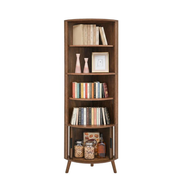 English Elm 5-tier Corner Bookshelf Walnut Mdf Tower with Sliding Door Cabinet for Any Room W3204P524601