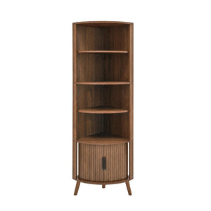 English Elm 5-tier Corner Bookshelf Walnut Mdf Tower with Sliding Door Cabinet for Any Room W3204P524601