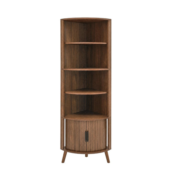 English Elm 5-tier Corner Bookshelf Walnut Mdf Tower with Sliding Door Cabinet for Any Room W3204P524601