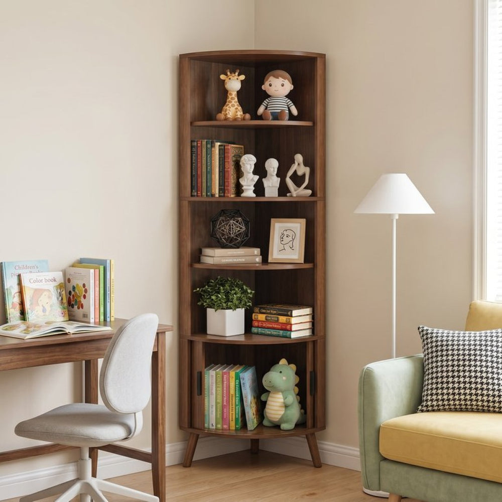 English Elm 5-tier Corner Bookshelf Walnut Mdf Tower with Sliding Door Cabinet for Any Room W3204P524601