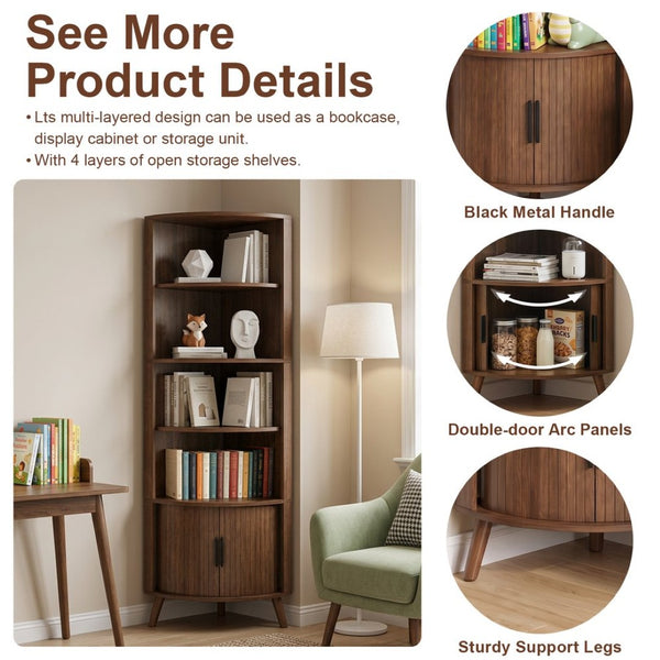 English Elm 5-tier Corner Bookshelf Walnut Mdf Tower with Sliding Door Cabinet for Any Room W3204P524601