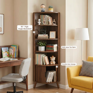English Elm 5-tier Corner Bookshelf Walnut Mdf Tower with Sliding Door Cabinet for Any Room W3204P524601