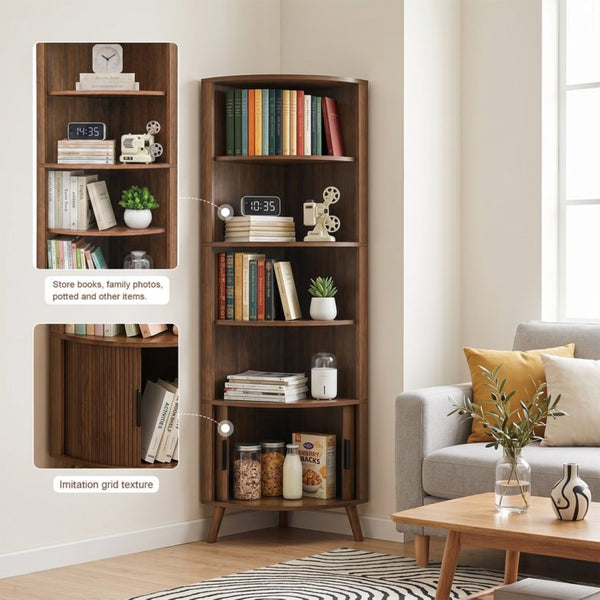 English Elm 5-tier Corner Bookshelf Walnut Mdf Tower with Sliding Door Cabinet for Any Room W3204P524601