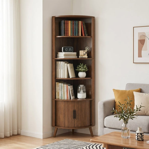 English Elm 5-tier Corner Bookshelf Walnut Mdf Tower with Sliding Door Cabinet for Any Room W3204P524601
