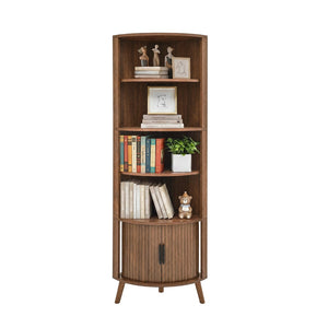 English Elm 5-tier Corner Bookshelf Walnut Mdf Tower with Sliding Door Cabinet for Any Room W3204P524601