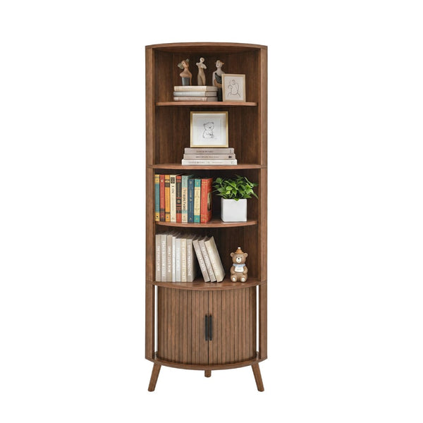 English Elm 5-tier Corner Bookshelf Walnut Mdf Tower with Sliding Door Cabinet for Any Room W3204P524601