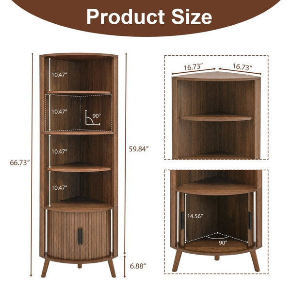 English Elm 5-tier Corner Bookshelf Walnut Mdf Tower with Sliding Door Cabinet for Any Room W3204P524601