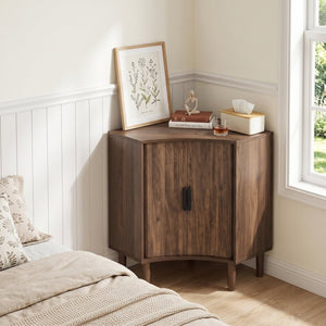 English Elm Fluted Corner Cabinet Walnut Finish Sliding Door Narrow Storage for Living Dining Bath W3204P524602