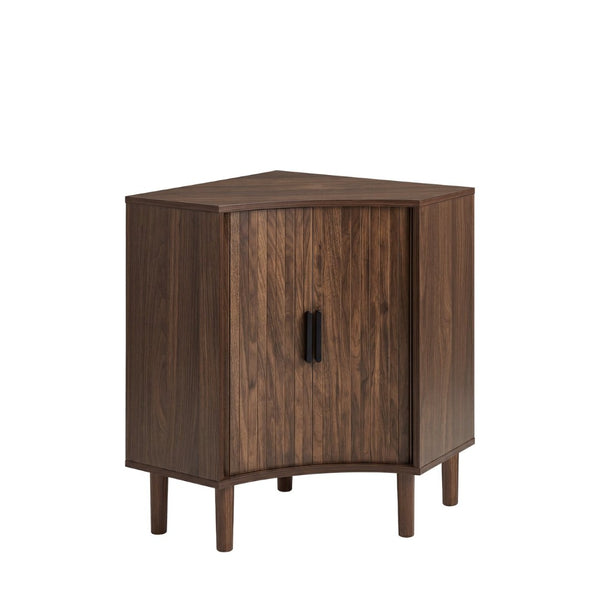English Elm Fluted Corner Cabinet Walnut Finish Sliding Door Narrow Storage for Living Dining Bath W3204P524602