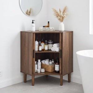 English Elm Fluted Corner Cabinet Walnut Finish Sliding Door Narrow Storage for Living Dining Bath W3204P524602