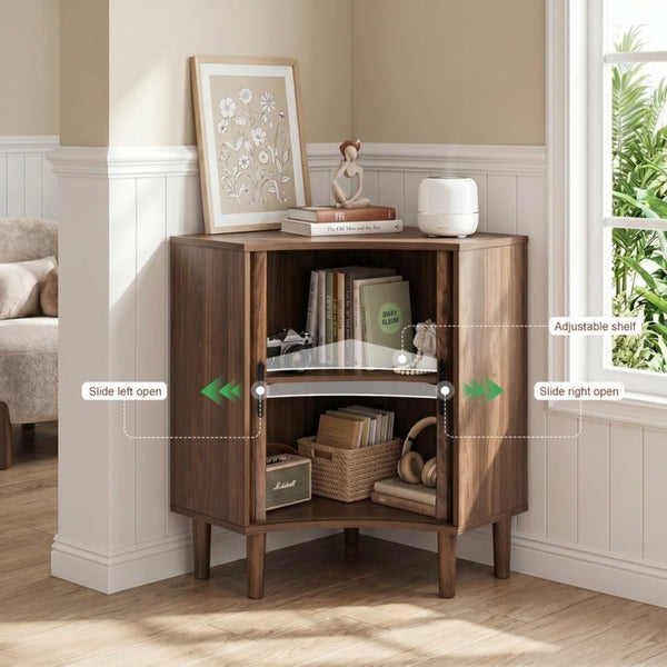 English Elm Fluted Corner Cabinet Walnut Finish Sliding Door Narrow Storage for Living Dining Bath W3204P524602