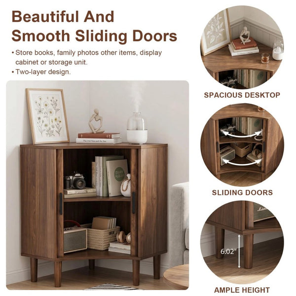 English Elm Fluted Corner Cabinet Walnut Finish Sliding Door Narrow Storage for Living Dining Bath W3204P524602