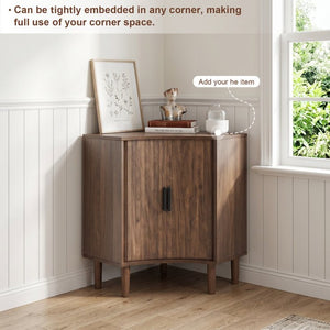 English Elm Fluted Corner Cabinet Walnut Finish Sliding Door Narrow Storage for Living Dining Bath W3204P524602