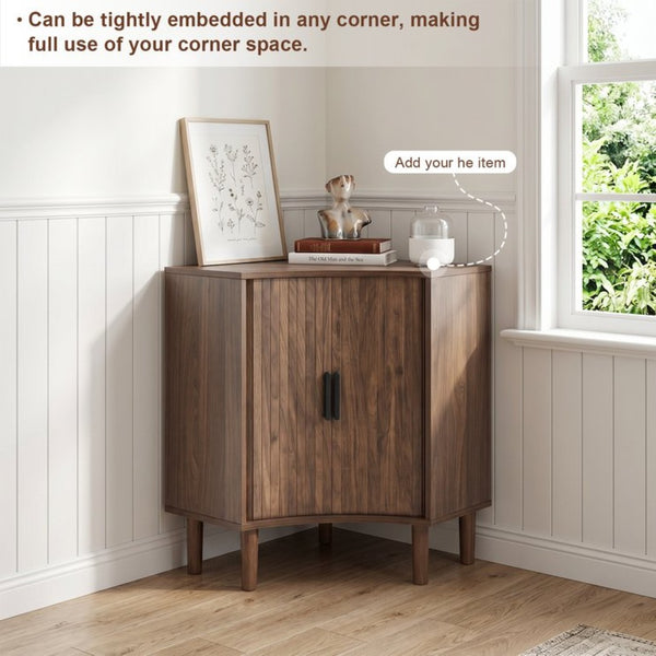 English Elm Fluted Corner Cabinet Walnut Finish Sliding Door Narrow Storage for Living Dining Bath W3204P524602
