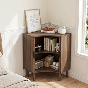 English Elm Fluted Corner Cabinet Walnut Finish Sliding Door Narrow Storage for Living Dining Bath W3204P524602