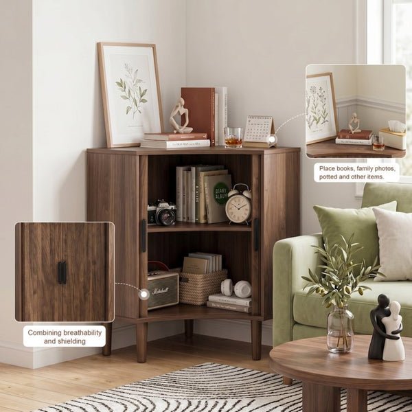 English Elm Fluted Corner Cabinet Walnut Finish Sliding Door Narrow Storage for Living Dining Bath W3204P524602